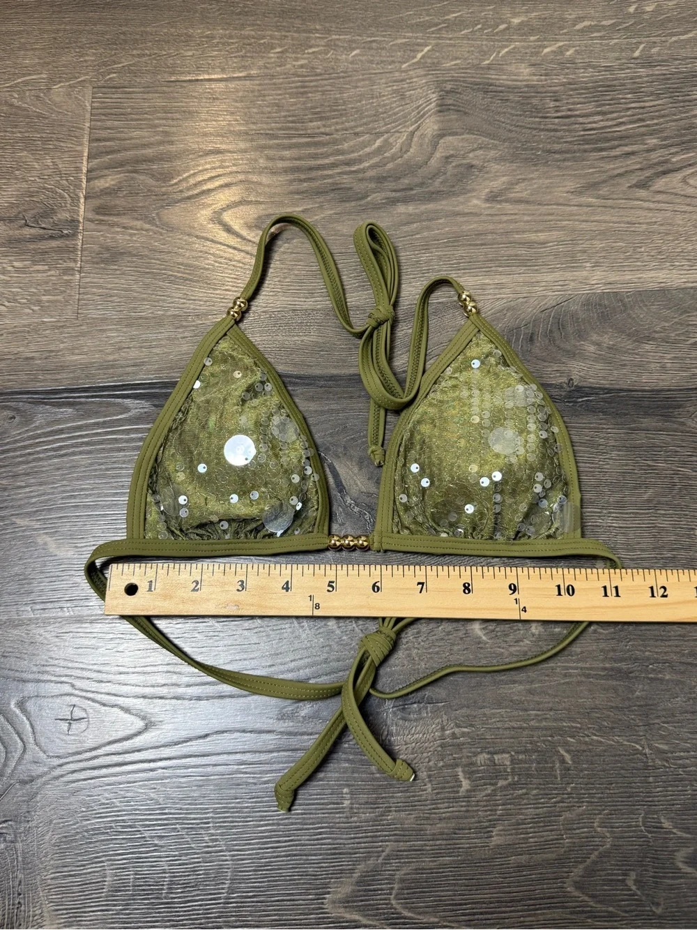 Olive Green Sequin Triangle Bikini Top